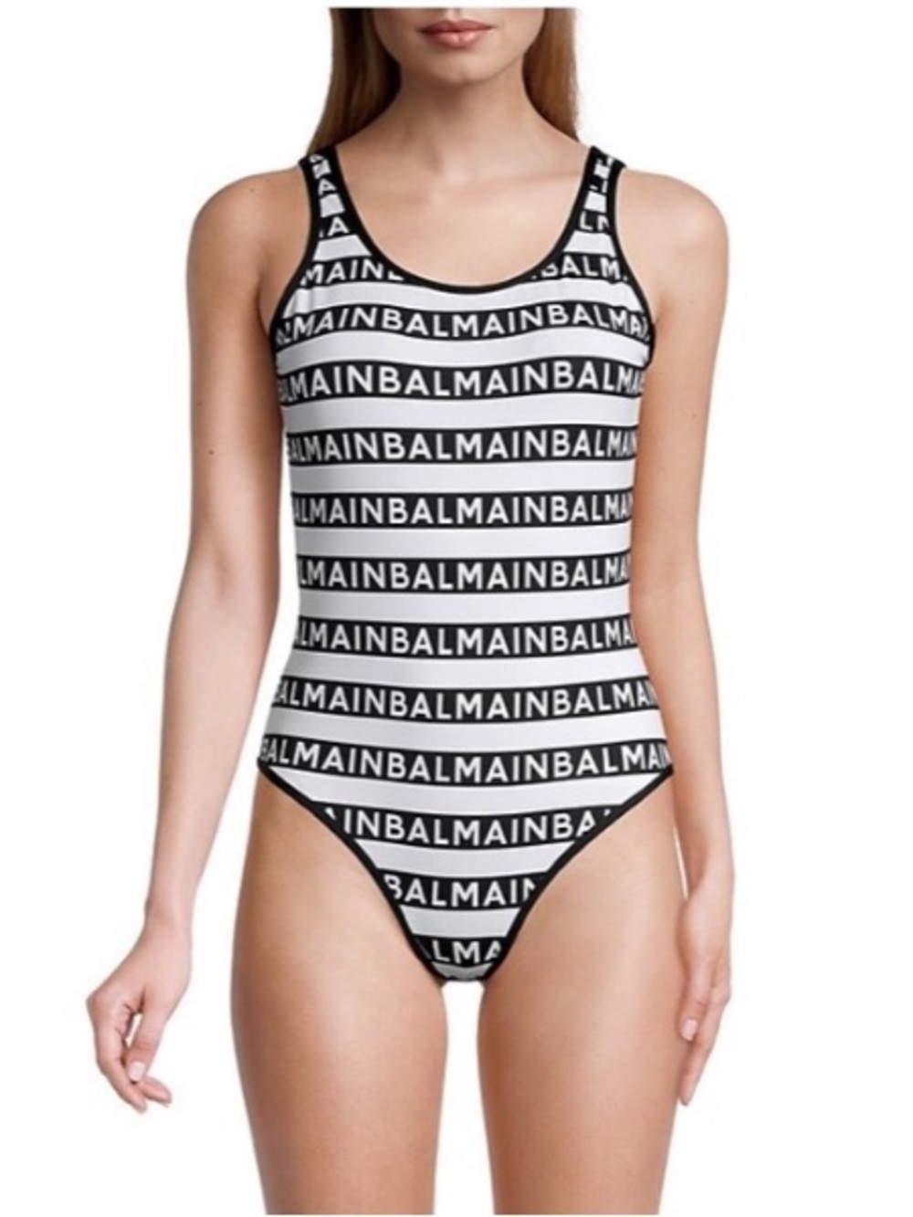 Balmain Black & White Logo Stripe One-Piece Swimsuit - Graphic Stripe